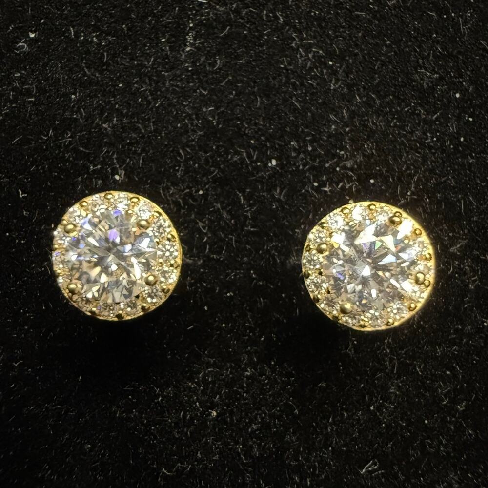 Gold Over Solid 925 Sterling Silver Moissanite Halo Push Back Earrings 7.62mm